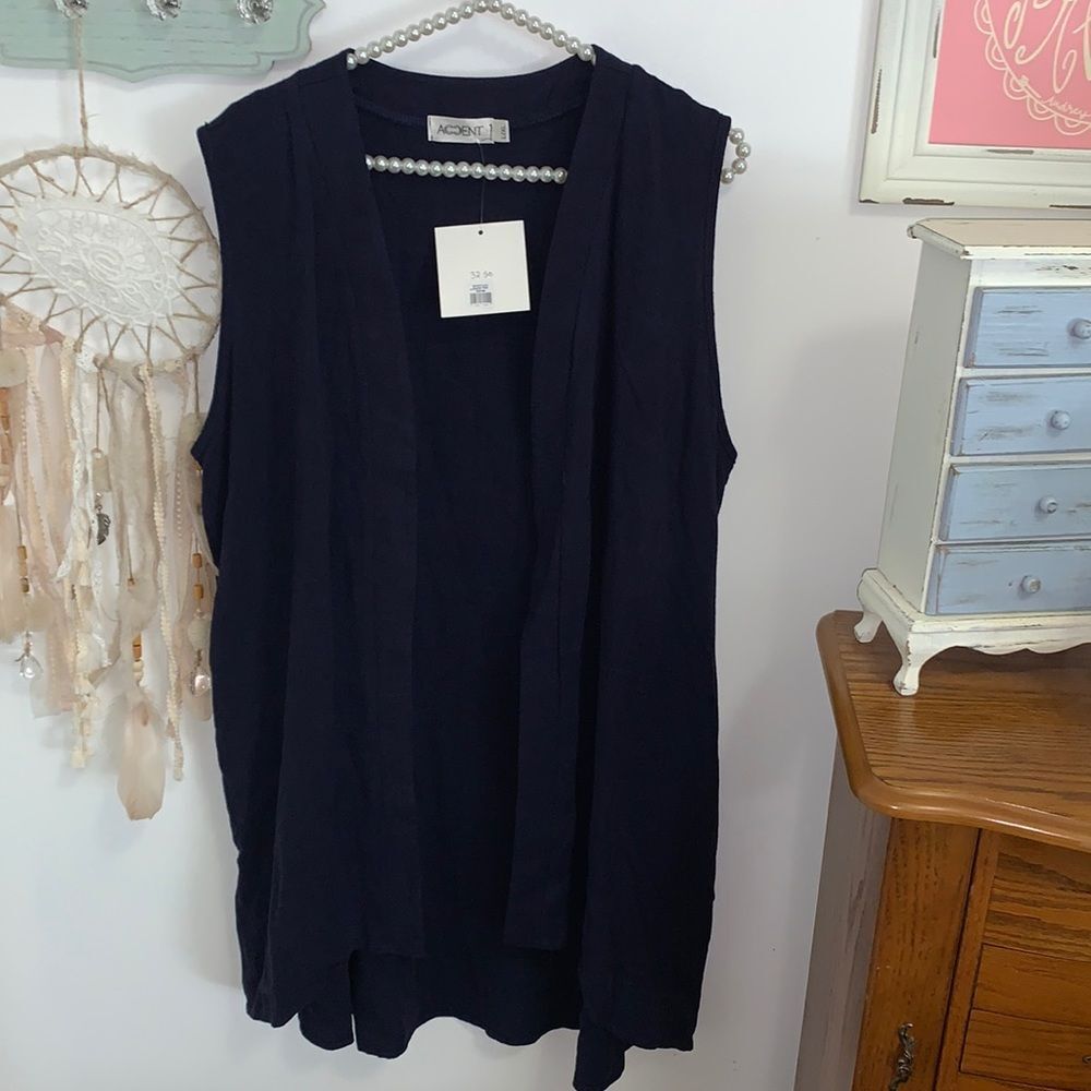 NEW Accent Vest Cardigan Womens L/XL Navy Blue Linen Rayon Blend Open Front